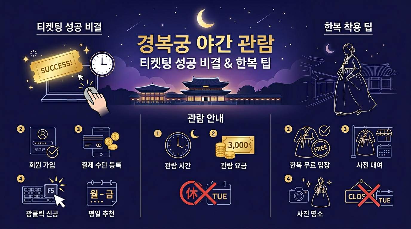 2026 경복궁 야간 관람 티켓팅 성공 후기: 광클 없이 예매하는 비결과 한복 대여 팁 정보 안내